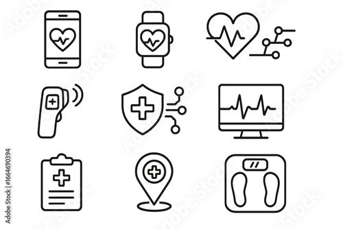 Health and technology line icon set. Digital medicine, telehealth and fitness concepts. Vector icons for mHealth, smart watch, ECG, health monitoring and online healthcare.
