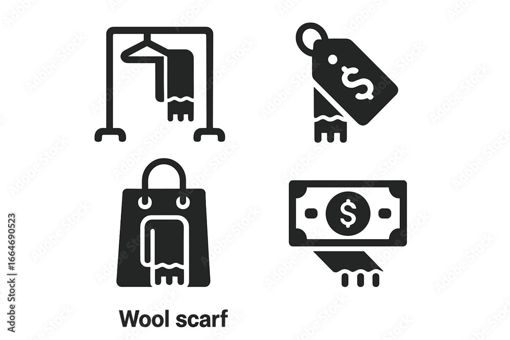 Wool scarf retail icon set with solid filled vectors, including clothing rack, price tag, shopping bag, and cash symbols for shopping and fashion concepts