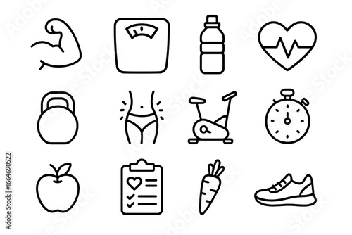 Fitness and health line icon set. Exercise, diet, and wellness app icons. Outline pictograms for gym, workout, healthy food, weight loss, muscle, cardio, and sport.