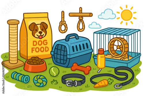 Pet supplies and accessories collection. Vector cartoon illustration of dog food, carrier, cat scratching post, hamster cage, toys, collar, and leash. Pet shop concept.
