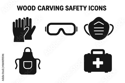 Wood carving safety icons set with protective gloves, goggles, dust mask, apron, and first aid kit symbols for woodworking safety awareness vector illustration