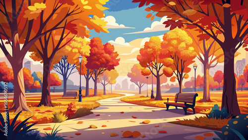 Bright autumn afternoon in park glows with warm colors, golden and red trees shine beneath endless blue, silence embraces air, timeless harmony whispers softly, landscape inspiring serenity, radiant b