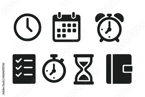 Time management icons set, solid filled vector illustration with clock, calendar, alarm, checklist, stopwatch, hourglass, and planner symbols for productivity and organization