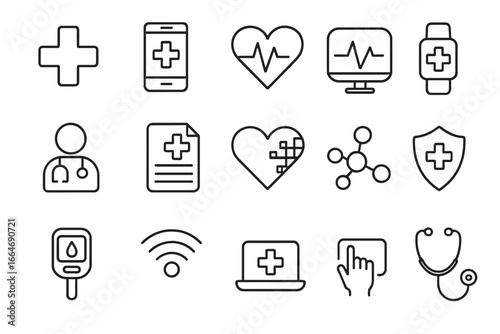 Healthcare and technology line icon set. Digital health, telemedicine, and medical symbols collection. E-health, virtual doctor, and online consultation vector icons.