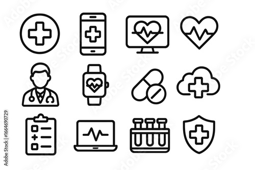 Healthcare and technology line icon set. Medical, digital health, and telemedicine symbols. Vector collection with doctor, mobile app, ECG, smartwatch, and health data concepts.
