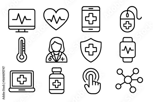 Healthcare and technology line icon set. Medical and digital health symbols. Vector illustration for telemedicine, e-health, online doctor, cardiology, and pharmacy concepts.