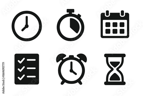 Time management icons set, solid filled vector illustrations of clock, timer, calendar, checklist, alarm clock, hourglass, productivity and scheduling symbols