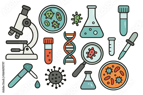 Scientific tools for microbiology research. Laboratory equipment for virology and medical analysis. Set of icons with microscope, petri dish, bacteria, virus, DNA, test tube.