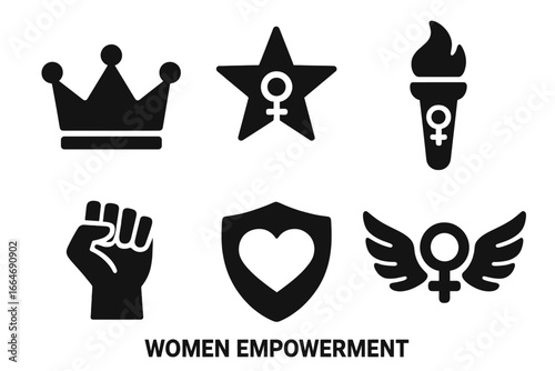 Women empowerment icons set, solid filled vector symbols including crown, star, torch, raised fist, heart shield, wings. Feminist, equality, strength, female power illustration
