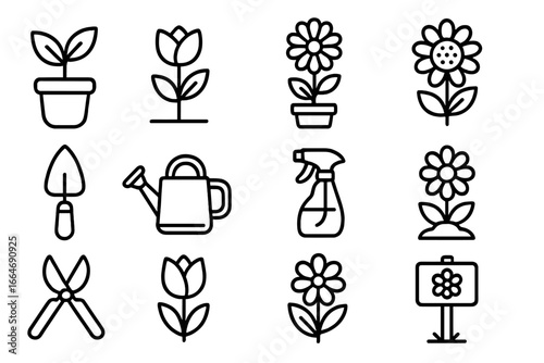 Gardening tools and flowers outline icon set. Vector floral and plant line art collection. Includes watering can, trowel, spray bottle, shears, potted plant, tulip, sunflower.