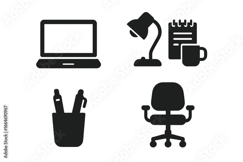 Workspace icons set solid style, filled 4-piece collection with laptop, desk lamp, notepad, coffee mug, pen holder, and office chair, vector illustration on transparent background
