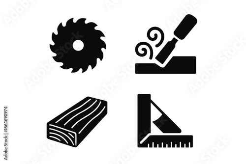 Woodworking Icon Set Solid Filled Vector Illustration, 4-Piece Tool Collection with Saw Blade, Chisel, Wood Plank, Sandpaper, Carpenter’s Square for Carpentry and Woodcraft Designs