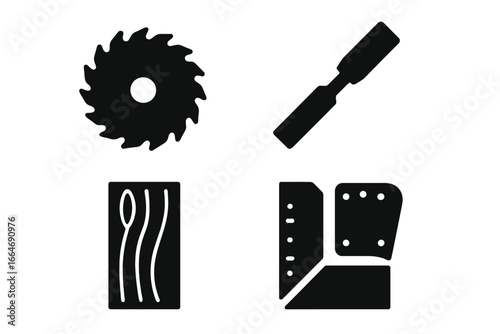 Woodworking Tools Icon Set. Solid Filled Vector Icons of Saw Blade, Chisel, Wood Plank, Sandpaper, Carpenter’s Square for Carpentry and Woodworking Projects Design