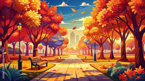 Bright autumn afternoon in park glows with warm colors, golden and red trees shine beneath endless blue, silence embraces air, timeless harmony whispers softly, landscape inspiring serenity, radiant b