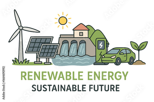 Clean renewable energy for a sustainable future. Vector concept of green power sources: wind turbine, solar panels, hydro energy, and electric car. Eco technology graphic.
