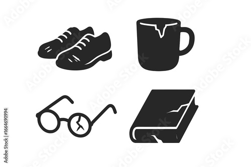 Worn Everyday Items Icons. Solid filled vector set of distressed scuffed shoes, chipped mug, broken glasses, torn book, vintage damaged objects illustration