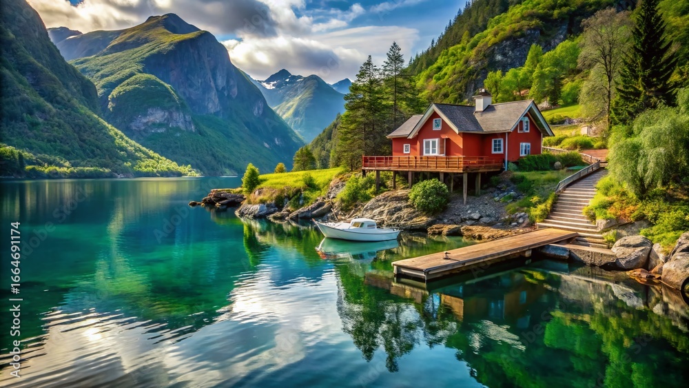 Naklejka premium Fjord Home with Private Dock: Stunning Scandinavian Architecture & Waterfront Property