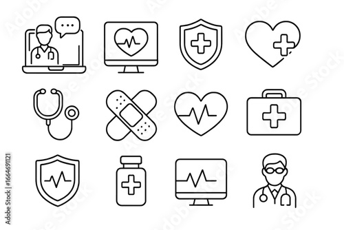 Health medical line icon set. Telemedicine, monitoring, security concepts. Outline doctor, heartbeat, EKG, cardiogram, first aid, and insurance vector symbols collection.