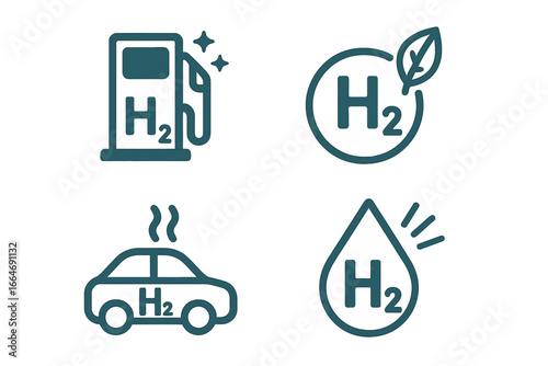 H2 hydrogen energy icons. Green fuel, renewable power, and eco friendly transport concept. Car, gas station, water drop, and leaf symbols. Sustainable future technology vector set.