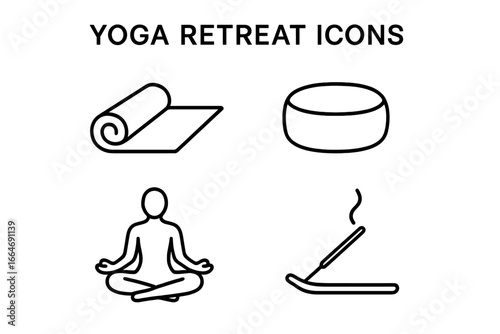 Yoga Retreat Icons Outline Vector Set of Relaxation Elements Including Yoga Mat, Meditation Cushion, Lotus Pose Silhouette, and Incense Stick for Wellness and Mindfulness