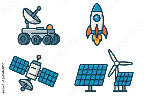 Space exploration and renewable energy vector icon set. Illustrations of rocket, satellite, mars rover, solar panel, and wind turbine. Science and technology concept design.