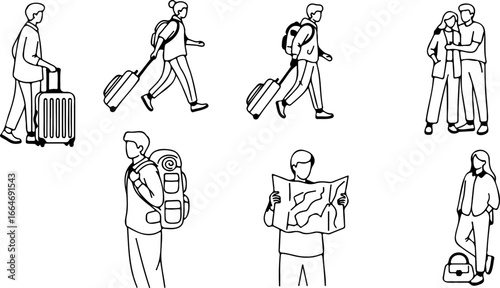 Line drawing of travelers with luggage backpacks and maps in various poses and interactions on white background