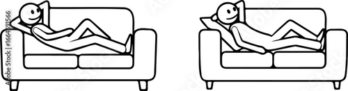 Two stick figures reclining comfortably in armchairs with hands behind their heads in black and white