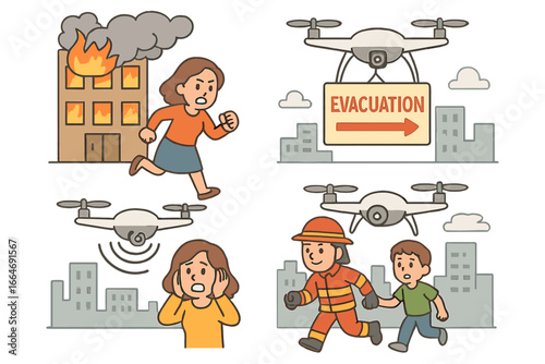 Drone technology aids fire evacuation and safety. Emergency rescue procedures in urban city. People escape burning building. Firefighter helps child. Alarm alert concept.