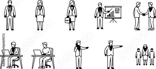 Illustration showcasing diverse business activities and interactions in a professional setting with people 100