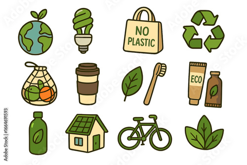 Eco-friendly icon set for a sustainable and zero waste lifestyle. Green concepts like recycling, solar energy, reusable items, and bicycle for conscious living. Vector cartoon icons.