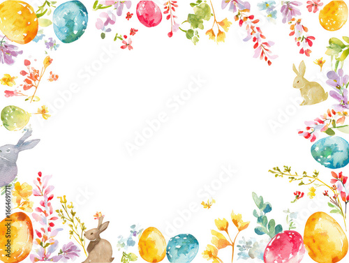 Watercolor easter eggs and bunnies border with spring flowers isolated on transparent background