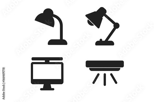 Workspace Lighting Icons Solid Filled Vector Set of Desk Lamp Adjustable Arm Lamp Monitor Light Bar Task Lighting Elements for Office and Study