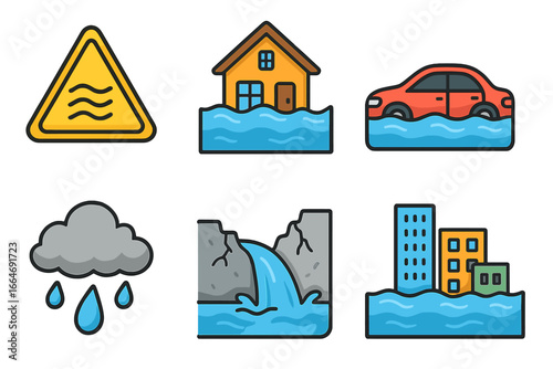 Flood icon set vector. Natural disaster symbols. Water damage, emergency concept. Flooded house, car, city. Heavy rain, weather warning sign. Cartoon illustration collection.