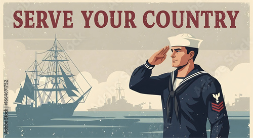 Vintage stylized recruitment poster displaying a naval officer saluting against a backdrop of sailing ships and maritime settings evoking a sense of duty and patriotism