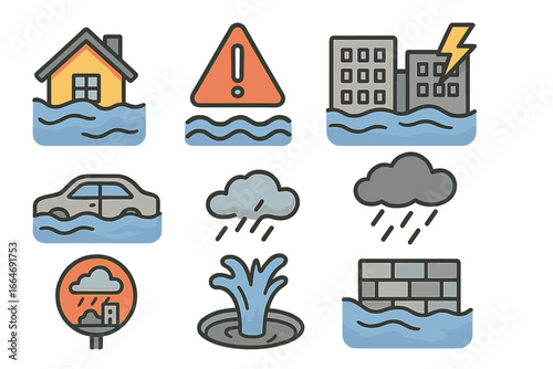 Flood disaster icons set. Vector symbols for urban flooding, storm, rain, water damage, house, and car. Natural hazard, emergency warning, and climate change concept.
