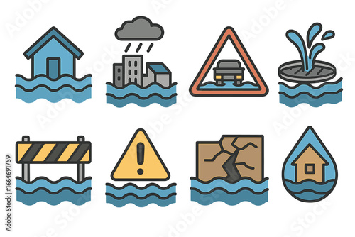 Flood icon set. Natural disaster symbols collection. Water hazard, urban flooding, emergency warning sign, property damage, house inundation, climate change vector concept.