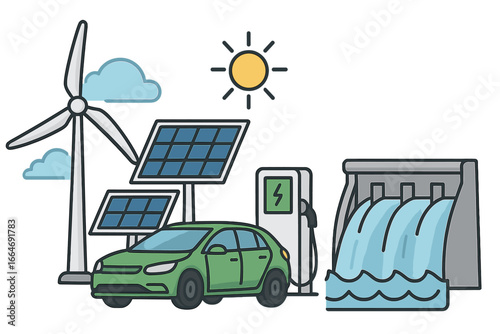 Renewable energy sources and sustainable technology illustration with wind turbine, solar panels, electric car charging station, and hydroelectric dam in vector cartoon style