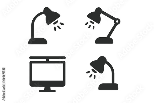Workspace lighting icons collection, solid filled vector set of desk lamp, adjustable arm lamp, monitor light bar, task lighting, office desk accessories illustration