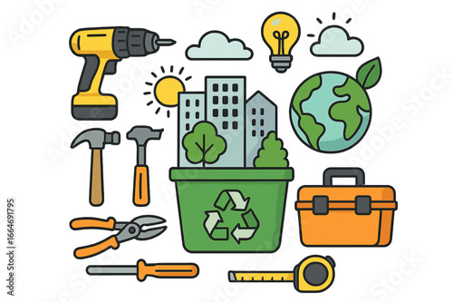 Sustainable urban development and green home improvement concept. Eco friendly city renewal with DIY tools for repair and construction. Vector icon set for ecology and building.
