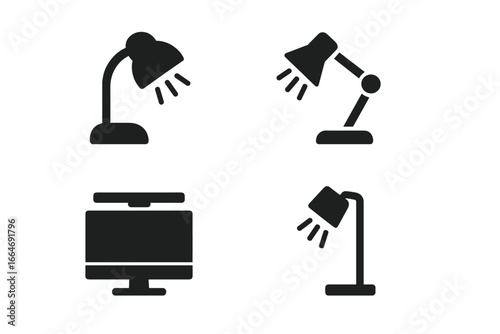 Workspace Lighting Icons Solid Filled Vector Set with Desk Lamp, Adjustable Arm Lamp, Monitor Light Bar, Task Lighting Symbols for Office and Study
