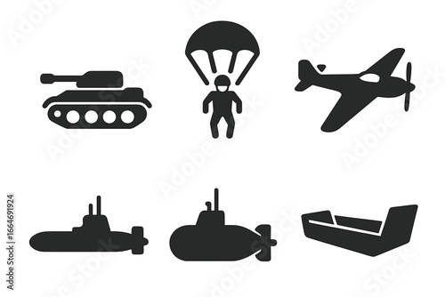 World War II Icons Collection Solid Filled Vector Set Featuring Tank, Paratrooper, Warplane, Submarine, Landing Craft, Military Operations Symbols Transparent Illustration