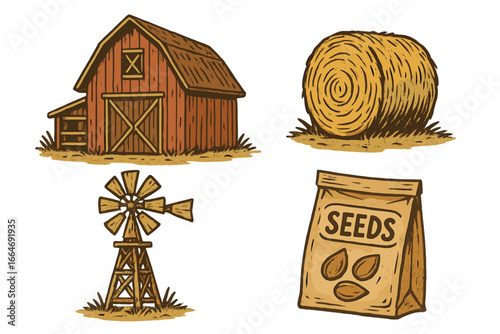Rustic farming vector illustrations featuring classic barn, hay bale, windmill, and seed packets in vintage cartoon style, agricultural countryside elements, farm life design