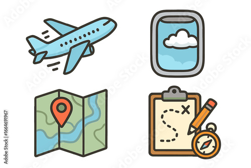 Travel and tourism icon set. Airplane flight, porthole window, destination map with pin, and adventure route planning with compass. Vector cartoon vacation journey symbols.