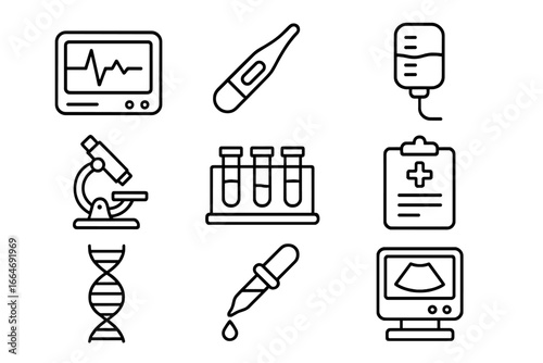 Medical technology line icon set. Healthcare, diagnostics, and lab analysis symbols. Vector outline icons for hospital equipment, dna research, ecg, ultrasound, microscope.