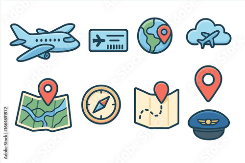 Set of air travel and navigation icons. Vector cartoon illustration of flight elements like airplane, globe, map, compass, ticket, and pilot hat for tourism and journey concepts.