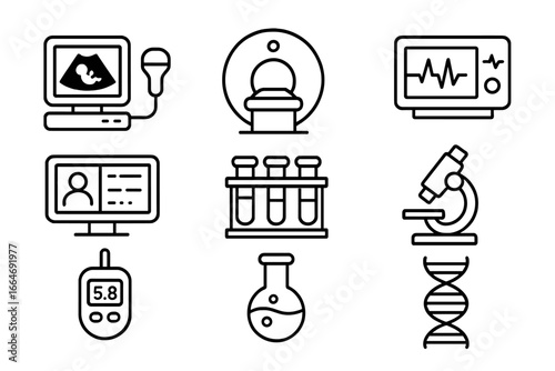 Medical technology line icon set. Healthcare, diagnostic and lab analysis equipment. Vector outline symbols for mri, ultrasound, dna research, ecg, and blood tests.