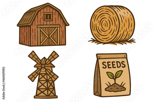 Rustic farming illustrations featuring classic barns, hay bales, traditional windmills, and seed packets in vintage cartoon vector style for agricultural themes