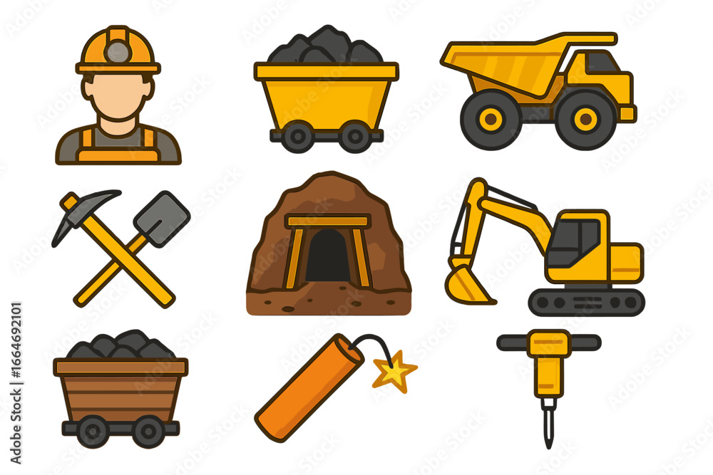 Fototapeta premium Mining icons set. Mineral extraction equipment and activities collection. Includes miner, dump truck, excavator, pickaxe, shovel, dynamite, mine cart. Vector cartoon illustration.