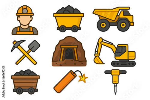 Mining icons set. Mineral extraction equipment and activities collection. Includes miner, dump truck, excavator, pickaxe, shovel, dynamite, mine cart. Vector cartoon illustration.