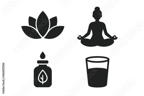 Women's Wellness Icons Set, Solid Filled Vector Symbols of Lotus Flower, Meditation Pose, Essential Oil Bottle, Hydration Glass, Health and Self-Care Elements